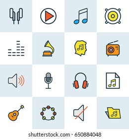 Audio Colorful Outline Icons Set. Collection Of Mixer, Loudspeakers, Strings And Other Elements. Also Includes Symbols Such As Cover, Soundtrack, Volume.
