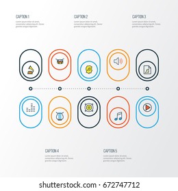 Audio Colorful Outline Icons Set. Collection Of Sound, Harp, Barrel And Other Elements. Also Includes Symbols Such As Level, Equalizer, Bit.