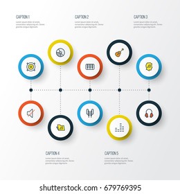 Audio Colorful Outline Icons Set. Collection Of Keys, Template, Mixer And Other Elements. Also Includes Symbols Such As Device, Equalizer, Piano.