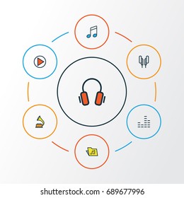 Audio Colorful Outline Icons Set. Collection Of Earphones, Gramophone, Template And Other Elements. Also Includes Symbols Such As Mixer, Device, Headphone.