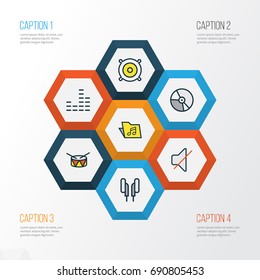 Audio Colorful Outline Icons Set. Collection Of Template, Circle, Loudspeakers And Other Elements. Also Includes Symbols Such As Template, Vinyl, Sound.