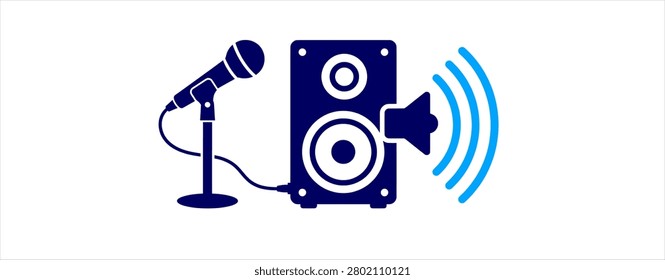 Audio communication icon design. microphone speaker, sound waves, broadcast equipment, voice recording, audio output, media technology, flat vector illustration.