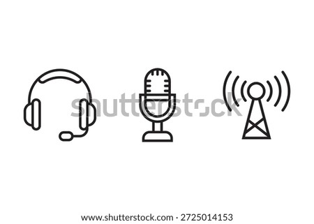 audio communication icons set headset microphone radio signal tower line vector illustration for media broadcast support