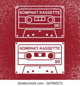 Audio compact cassette tape. Vintage icon with rays. Vector illustration on grunge texture background.