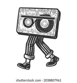 Audio Compact Cassette tape walks on legs sketch engraving vector illustration. T-shirt apparel print design. Scratch board imitation. Black and white hand drawn image.