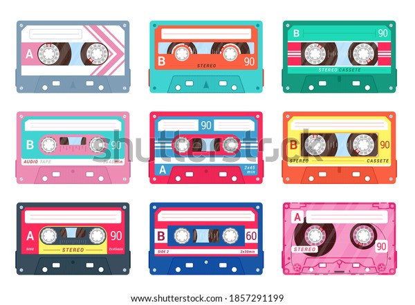 Audio or compact cassettes set. Retro music\
symbol collection. Magnetic tape for old styled recorder, player.\
Musicassette, sound, nostalgia. Vector music cassette isolated on\
white background.