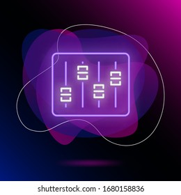 Audio console neon sign. Luminous signboard with faders on control desk. Night bright advertisement. Vector illustration in neon style for record studio, production, music