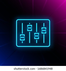 Audio console neon sign. Luminous signboard with faders on control desk. Night bright advertisement. Vector illustration in neon style for record studio, production, music