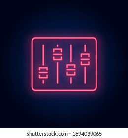 Audio console neon sign. Luminous signboard with faders on control desk. Night bright advertisement. Vector illustration in neon style for record studio, production, music