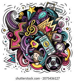 Audio content cartoon doodles illustration. Creative funny vector background. Podcasts, audiobooks, radio symbols, elements and objects. Colorful composition