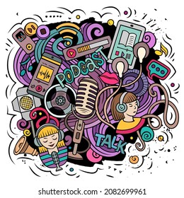 Audio content cartoon doodles illustration. Creative funny vector background. Podcasts, audiobooks, radio symbols, elements and objects. Colorful composition