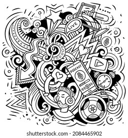 Audio content cartoon doodles illustration. Creative funny vector background. Podcasts, audiobooks, radio symbols, elements and objects.