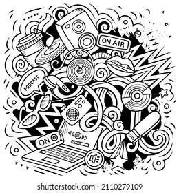 Audio content cartoon doodles illustration. Creative funny vector background. Podcasts, audiobooks, radio symbols, elements and objects.