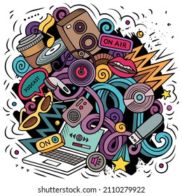 Audio content cartoon doodles illustration. Creative funny vector background. Podcasts, audiobooks, radio symbols, elements and objects. Colorful composition