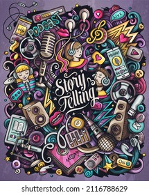 Audio content cartoon doodles illustration. Creative funny vector background. Podcasts, audiobooks, radio symbols, elements and objects. Colorful composition