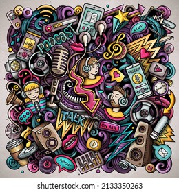 Audio content cartoon doodles illustration. Creative funny vector background. Podcasts, audiobooks, radio symbols, elements and objects. Colorful composition