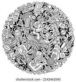 Audio content cartoon doodles illustration. Creative funny vector background. Podcasts, audiobooks, radio symbols, elements and objects.
