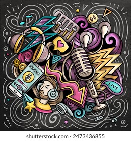 Audio content cartoon doodles illustration. Creative funny vector background. Podcasts, audiobooks, radio symbols, elements and objects. Chalkboard composition