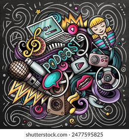 Audio content cartoon doodles illustration. Creative funny vector background. Podcasts, audiobooks, radio symbols, elements and objects. Chalkboard composition