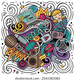 Audio content cartoon doodles illustration. Creative funny vector background. Podcasts, audiobooks, radio symbols, elements and objects. Color composition