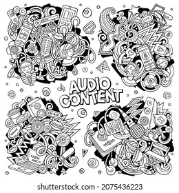 Audio content cartoon vector doodle designs set. Line art detailed compositions with lot of media objects and symbols. All items are separate