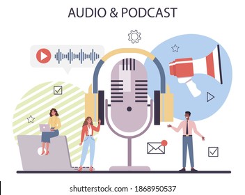 Audio content concept. Idea of digital strategy and content for social network. Business promotion and communication with customer. Isolated flat vector illustration