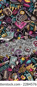 Audio Content-Doodle-Banner. Cartoon, Vektorgrafik vertikaler Flyer. Farbige Illustration mit Podcast, Hörbuch, Medienobjekten und Symbolen