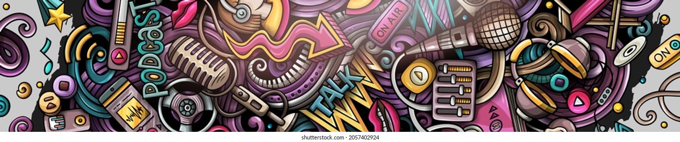 Audio Content hand drawn doodle banner. Cartoon vector detailed flyer. Illustration with musical objects and symbols. Colorful horizontal background