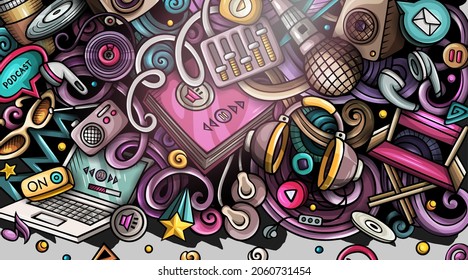 Banner de doodle dibujado a mano con contenido de audio. Volante detallado del vector de dibujos. Ilustración con objetos y símbolos musicales. Fondo horizontal colorido