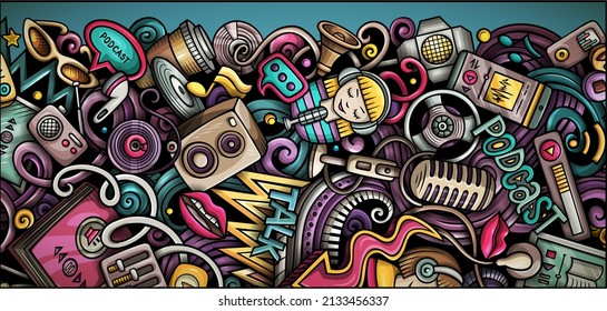 Audio Content hand drawn doodle banner. Cartoon vector detailed flyer. Illustration with musical objects and symbols. Colorful horizontal background