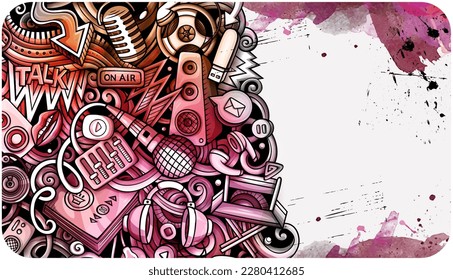 Audioinhalte handgezeichnet doodle Banner. Cartoon, Vektorwasserfarbflyer. Illustration mit Podcastobjekten und Symbolen, horizontaler Hintergrund