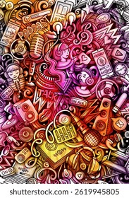 Contenido de audio dibujado a mano doodle ilustración. Flyer de acuarela de Vector de dibujos animados. Ilustración con objetos de podcasting y símbolos de fondo