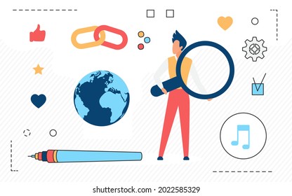 Audio content, man character with magnifier to look for music line icon isolated on white background