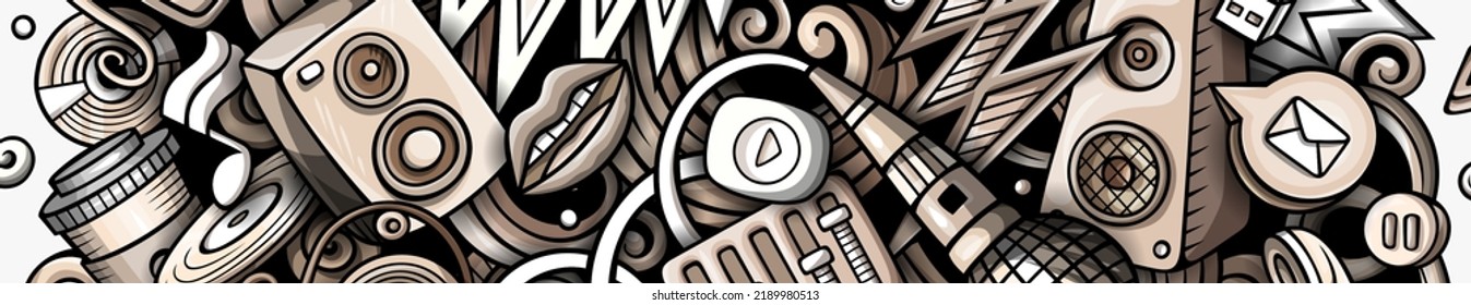 Audio Content monochrome doodle banner. Cartoon vector flyer. Illustration with storytelling objects and symbols. Graphics horizontal background