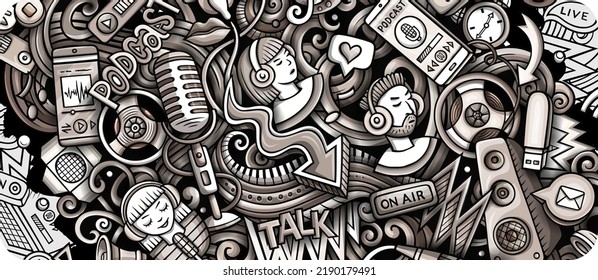 Audio Content monochrome doodle banner. Cartoon vector flyer. Illustration with storytelling objects and symbols. Graphics horizontal background