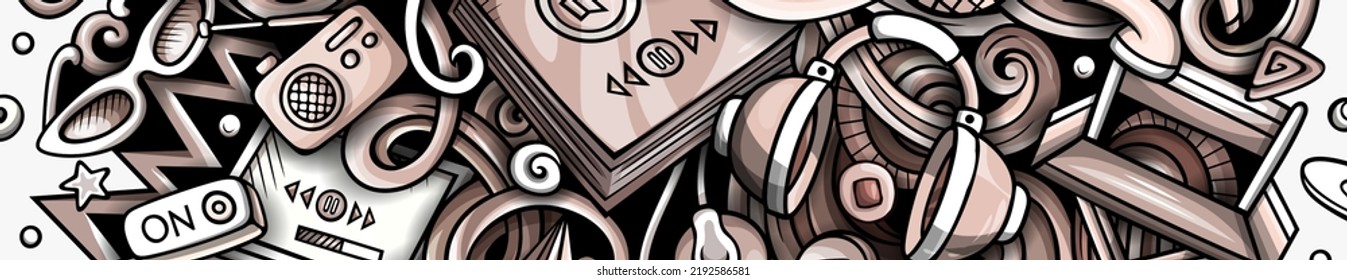 Audio Content monochrome doodle banner. Cartoon vector flyer. Illustration with storytelling objects and symbols. Graphics horizontal background