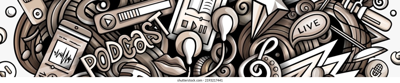Audio Content monochrome doodle banner. Cartoon vector flyer. Illustration with storytelling objects and symbols. Graphics horizontal background