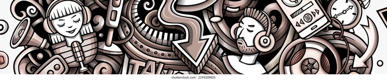 Audio Content monochrome doodle banner. Cartoon vector flyer. Illustration with storytelling objects and symbols. Graphics horizontal background