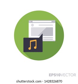 Audioinhalte auf dem flachen Design-Rundsymbol der Website. Farbsymbol von Multimedia und Streaming. Lange Schatten, Vektorgrafik in einem Kreis einzeln auf weißem Hintergrund.