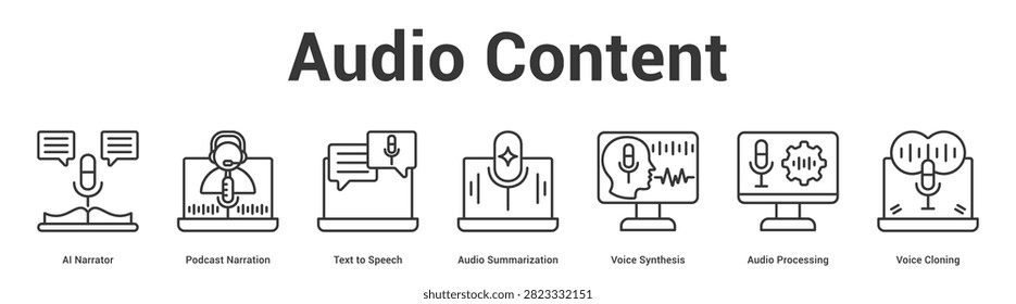 Audio Content web banner icon vector illustration concept for business with icon of AI Narrator, Podcast Narration, Text to Speech, Audio Summarization, Voice Synthesis, Audio Processing, Voice.