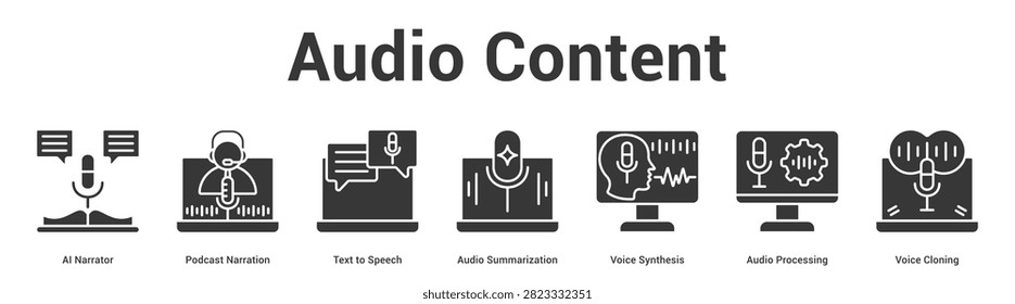 Audio Content web banner icon vector illustration concept for business with icon of AI Narrator, Podcast Narration, Text to Speech, Audio Summarization, Voice Synthesis, Audio Processing, Voice.