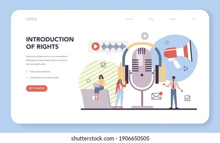 Audio content web banner or landing page. Idea of digital strategy and content for social network. Business promotion and communication with customer. Isolated flat vector illustration