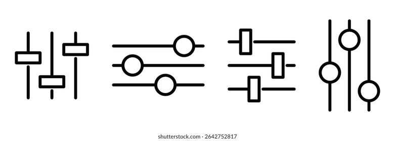 Audio control adjustment equalizer balance mixer customization slider interface element knob setting configuration tune switch icon vector illustration.