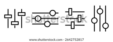 Audio control adjustment equalizer balance mixer customization slider interface element knob setting configuration tune switch icon vector illustration.