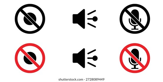 Ícone de controle de áudio definido com volume de alto-falante, microfone sem som e nenhum símbolo de proibição de gravação para design de interface de usuário, volume de alto-falante de áudio. Conjunto de ícones de volume. Coleção máxima de volume