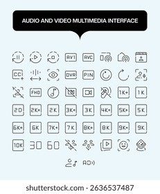 Audio Control Line Icons – Minimalist Music Player UI Vector Set. A sleek collection of line-style audio control icons, perfect for music apps, podcasts, streaming platforms, and sound editing.