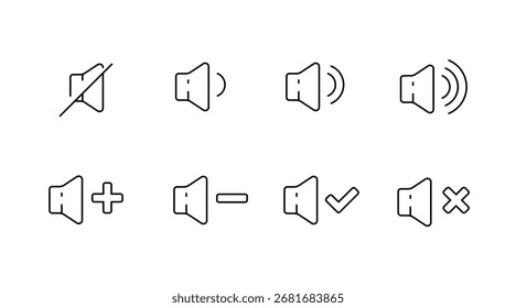 Conjunto de iconos de contorno de control de audio: gestión de línea, minimalista, volumen y sonido