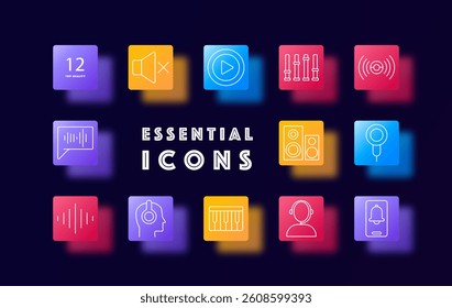 Audio control set icon. Icons on colorful squares showing headphones, microphones, speakers, equalizers, notifications, and playback tools for sound, music, and voice interface applications