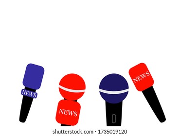 Micrófono corresponsal de audio para entrevistar en las noticias. Noticias de televisión. Conferencia de prensa. Libertad de expresión. Medios masivos. Grabación de voz por micrófono. Tecnología de audio.