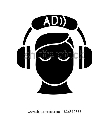 Audio description black glyph icon. Video description. Narration. Providing additional information. Audio described TV programmes. Silhouette symbol on white space. Vector isolated illustration